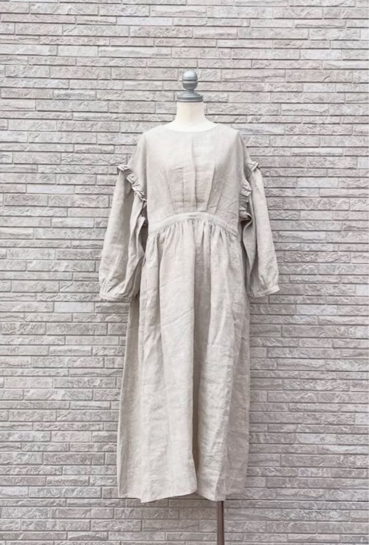サマンサモスモスルミネ立川店限定商品　リネン袖フリルウエスト切替ワンピースキナリ