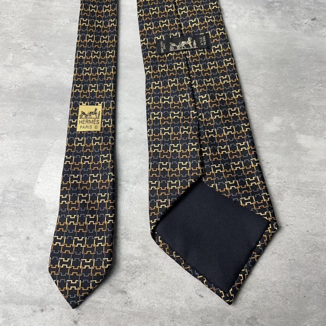 美品 HERMES エルメス H柄 総柄 ネクタイ ブラック 黒