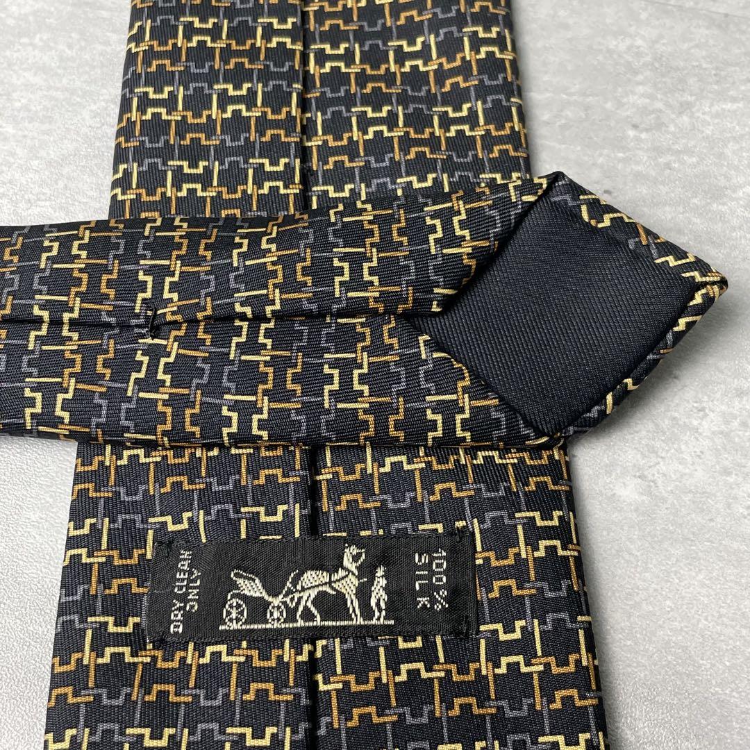 美品 HERMES エルメス H柄 総柄 ネクタイ ブラック 黒
