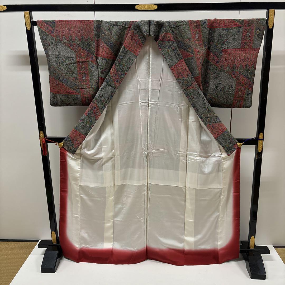 更紗模様 裄66 素敵な色味 デザイン 小紋 正絹 AK-4134オリジ