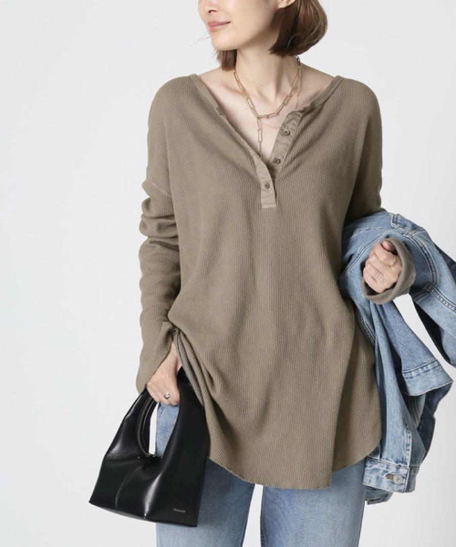 ドゥーズィエムクラス ヘンリーネック ワッフルTシャツ カーキ フリーサイズ