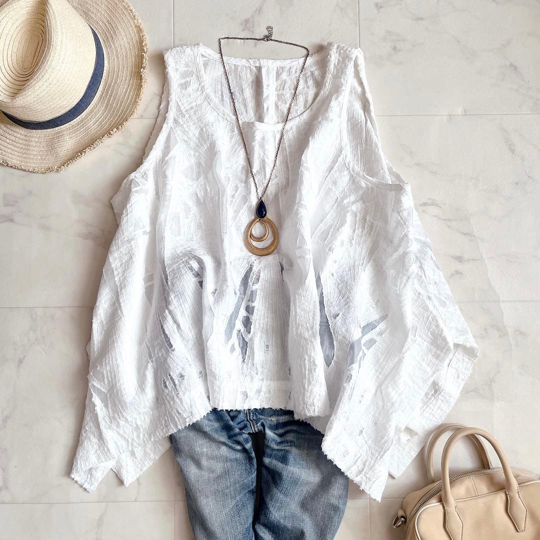 モユル センソユニコ取扱 綿混 ノースリーブ ジャガードシアーベスト 洗える