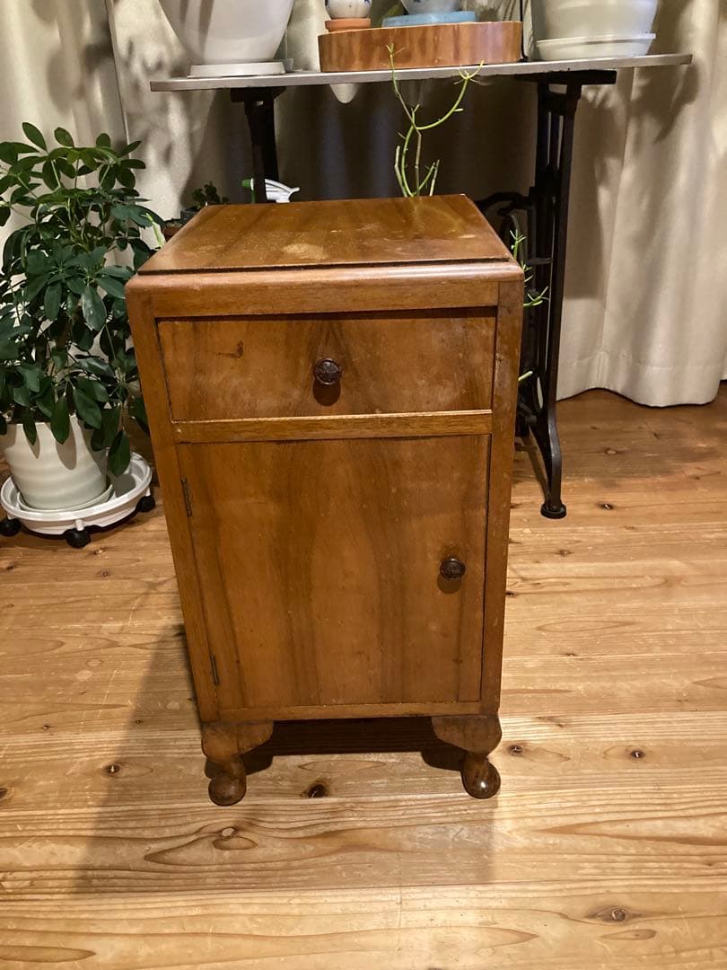 昭和レトロ ナイトテーブル アンティークサイドキャビネット 木製家具 猫足傷や汚れあり