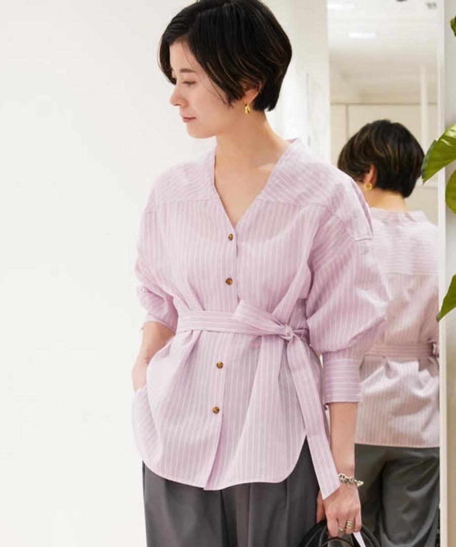 美品　ボールジィ　ラミーコットンシルクストライプ ベルテッドシャツ　ピンク　36