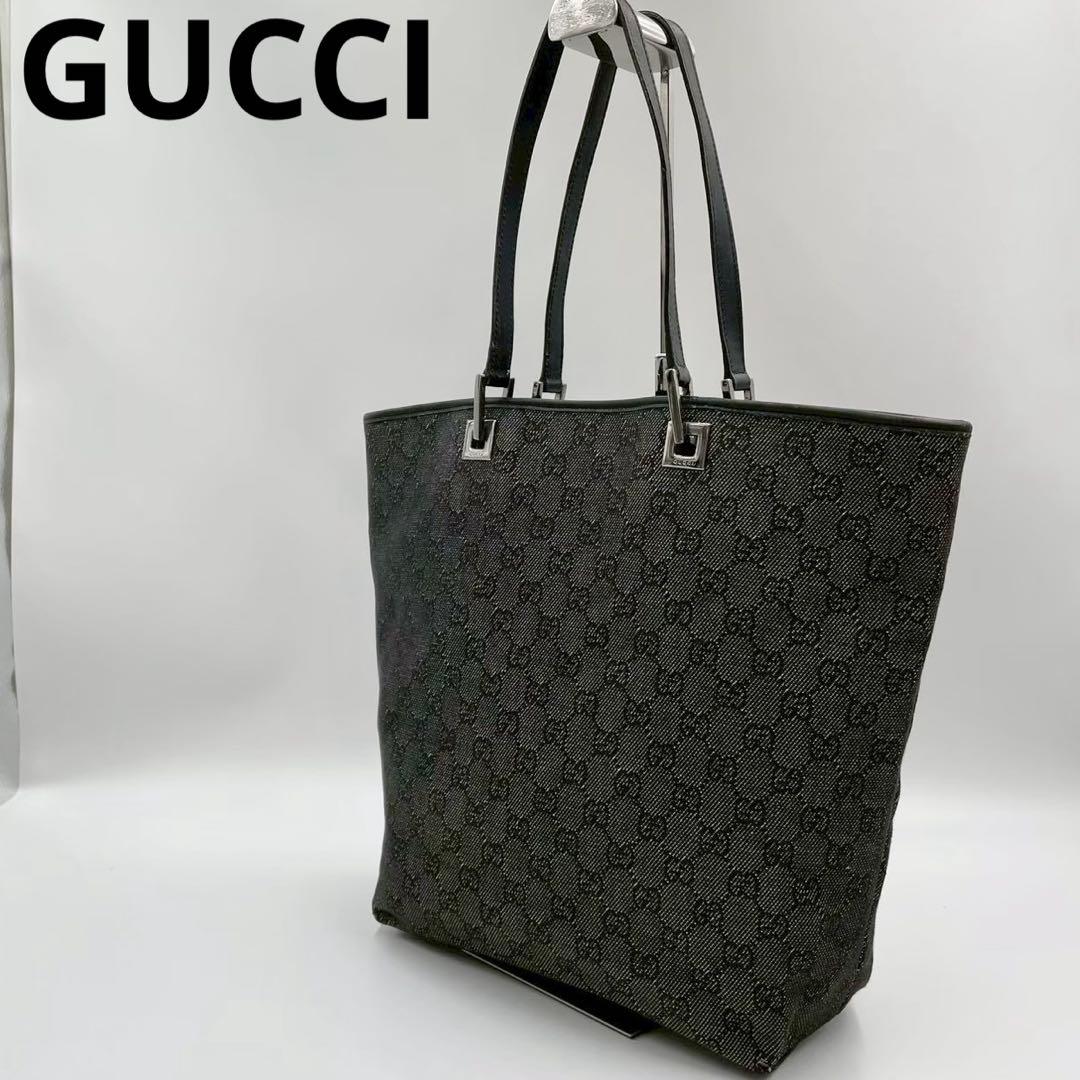 訳あり品　グッチ　GGキャンバス　トートバッグ　レザー縁　大容量　ブラック