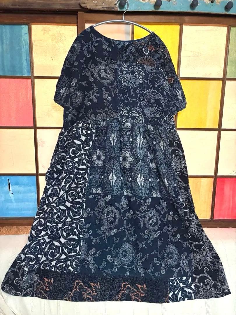 藍染　型染　古布　ふんわりワンピース