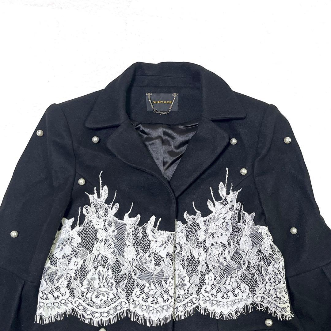 t0298 ︎Mbeaute ウール混コート レースデザイン パール L