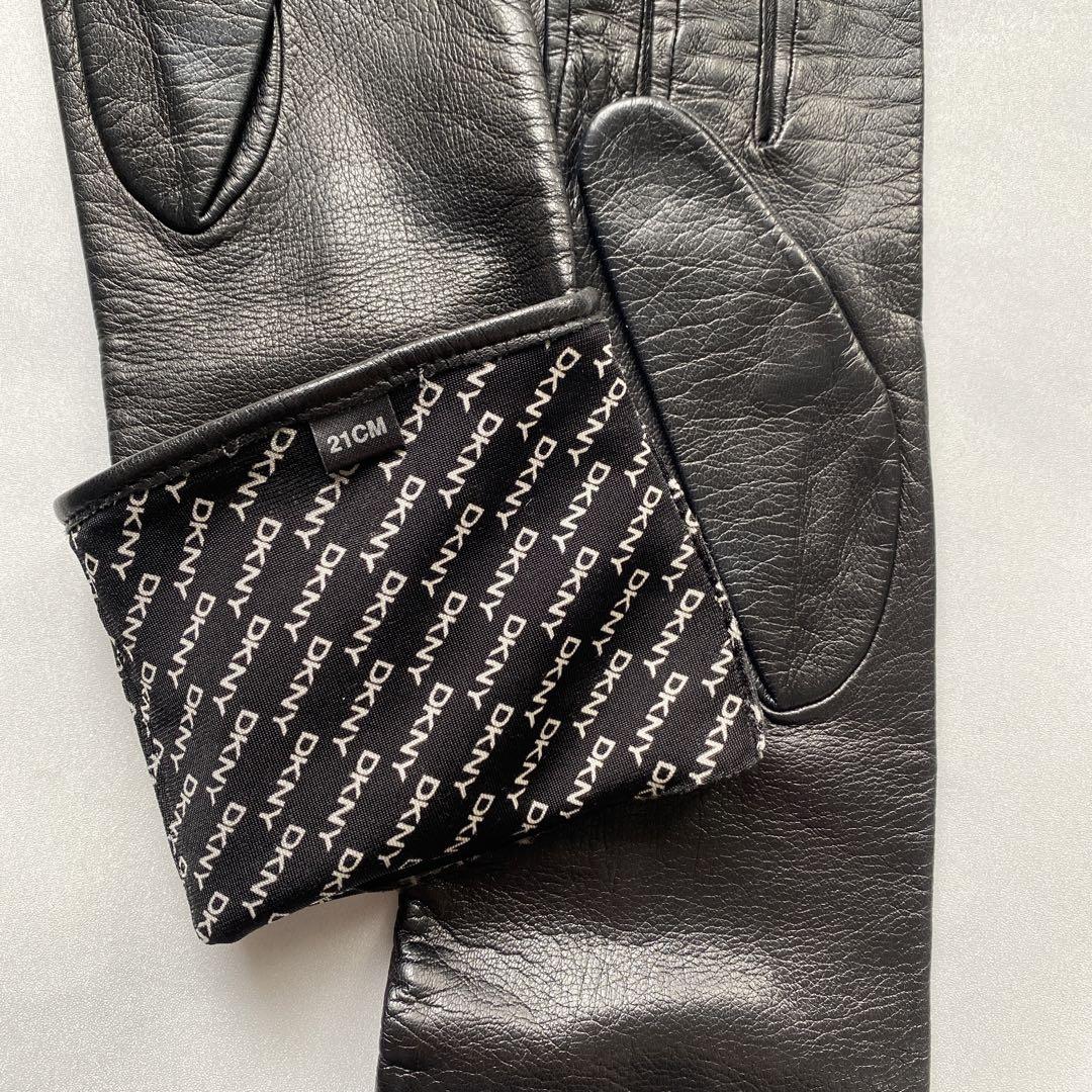 美品　DKNY レザーロンググローブ　ブラック　黒革手袋　サイズ21cm