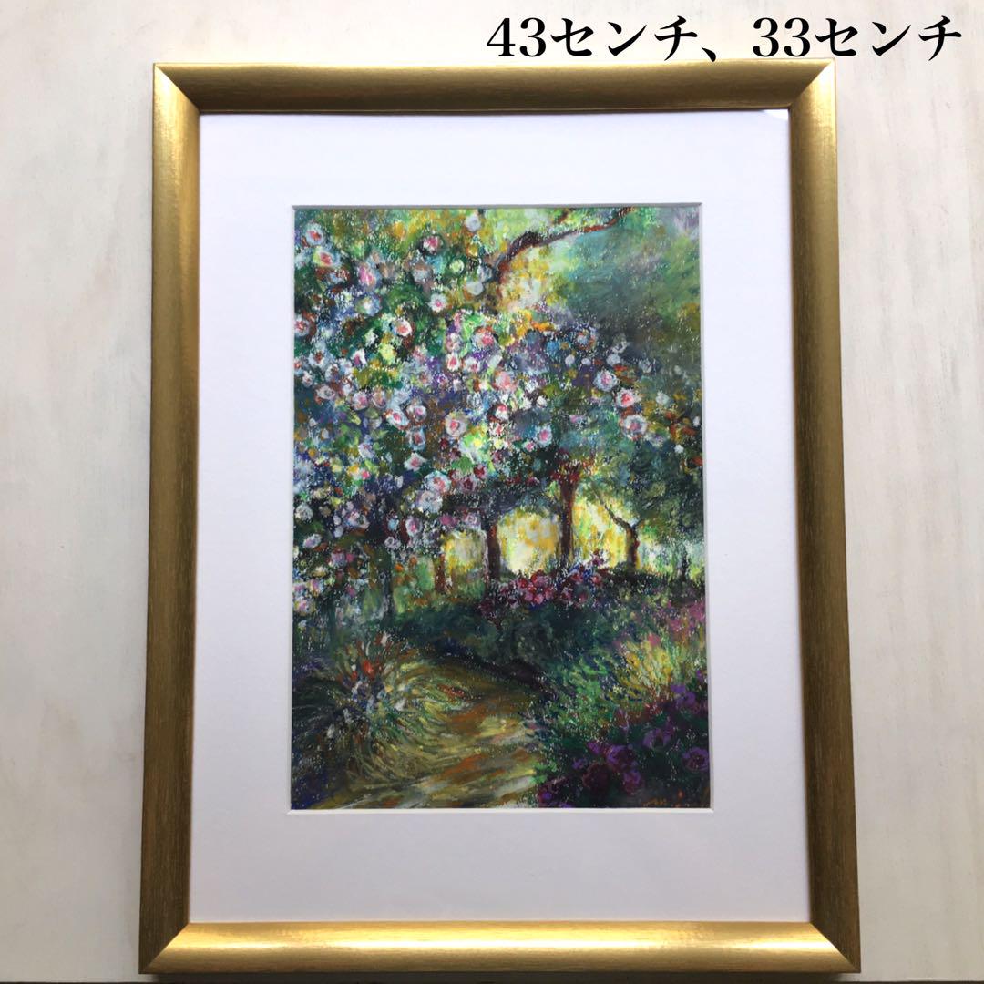 ささやきの薔薇の庭　ゴールドの素敵な額入り　オイルパステル画 ささやきの薔薇の庭 ゴールドの額入り オイルパステル画 - メルカリ