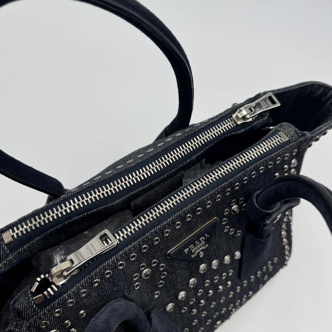 美品★PRADA カナパ デニム2way ショルダーバッグ ビジュー＆スタッズ 希少 PRADA カナパ デニムビジュー スタッズ 2wayショルダー