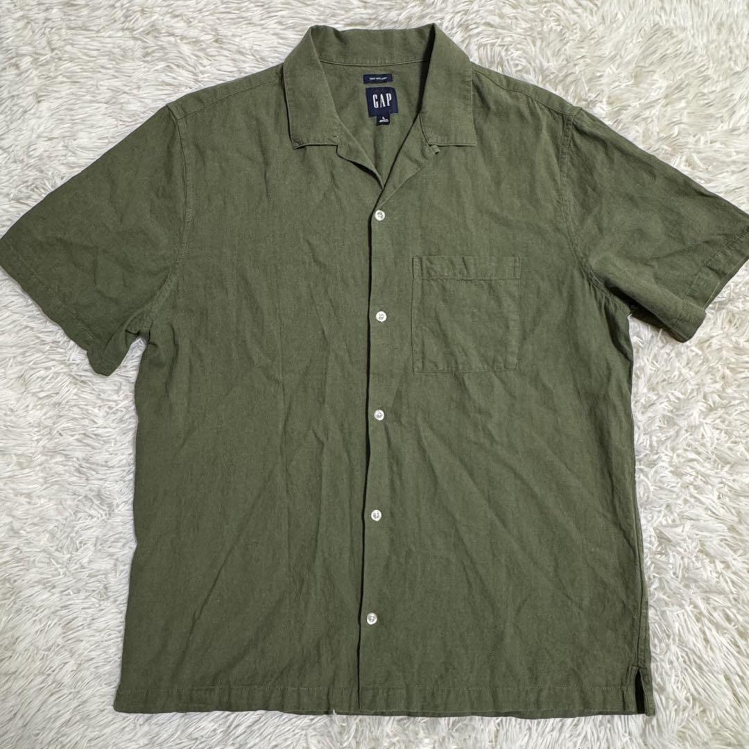 OLD GAP オープンカラーシャツ 開襟 半袖シャツ カーキ リネン L