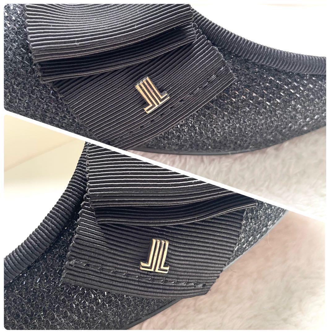 【美品】ランバンオンブルー　リボン　パンプス　24.5　黒　フラットシューズ