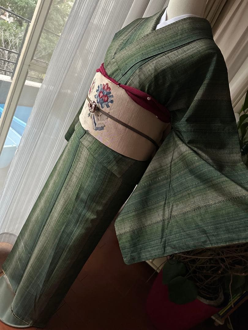 正絹 グリーン系 紬小紋 間道 ストライプ 単品 正絹 グリーン系 紬小紋 間道 ストライプ 単品