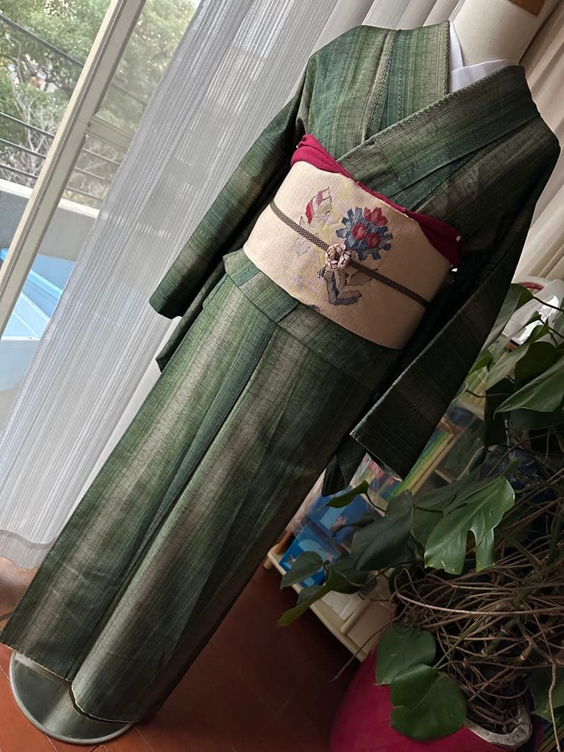 正絹 グリーン系 紬小紋 間道 ストライプ 単品 正絹 グリーン系 紬小紋 間道 ストライプ 単品