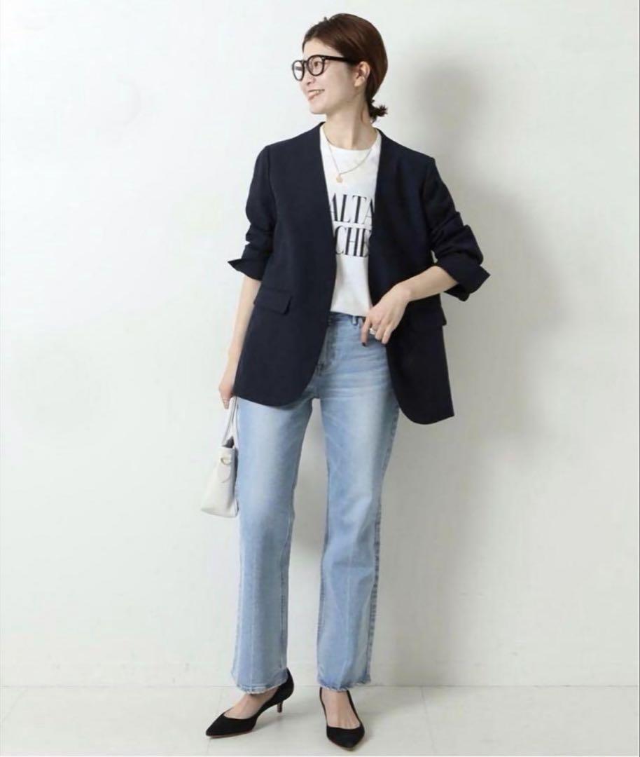 【美品】Spick&Span☆リネンライクノーカラージャケット ネイビー 36