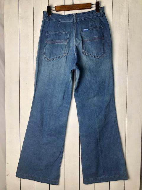 国産レトロ古着 70s レインボーステッチ フレアバギーデニムパンツ 31 国産レトロ古着 70s レインボーステッチ フレアバギーデニム