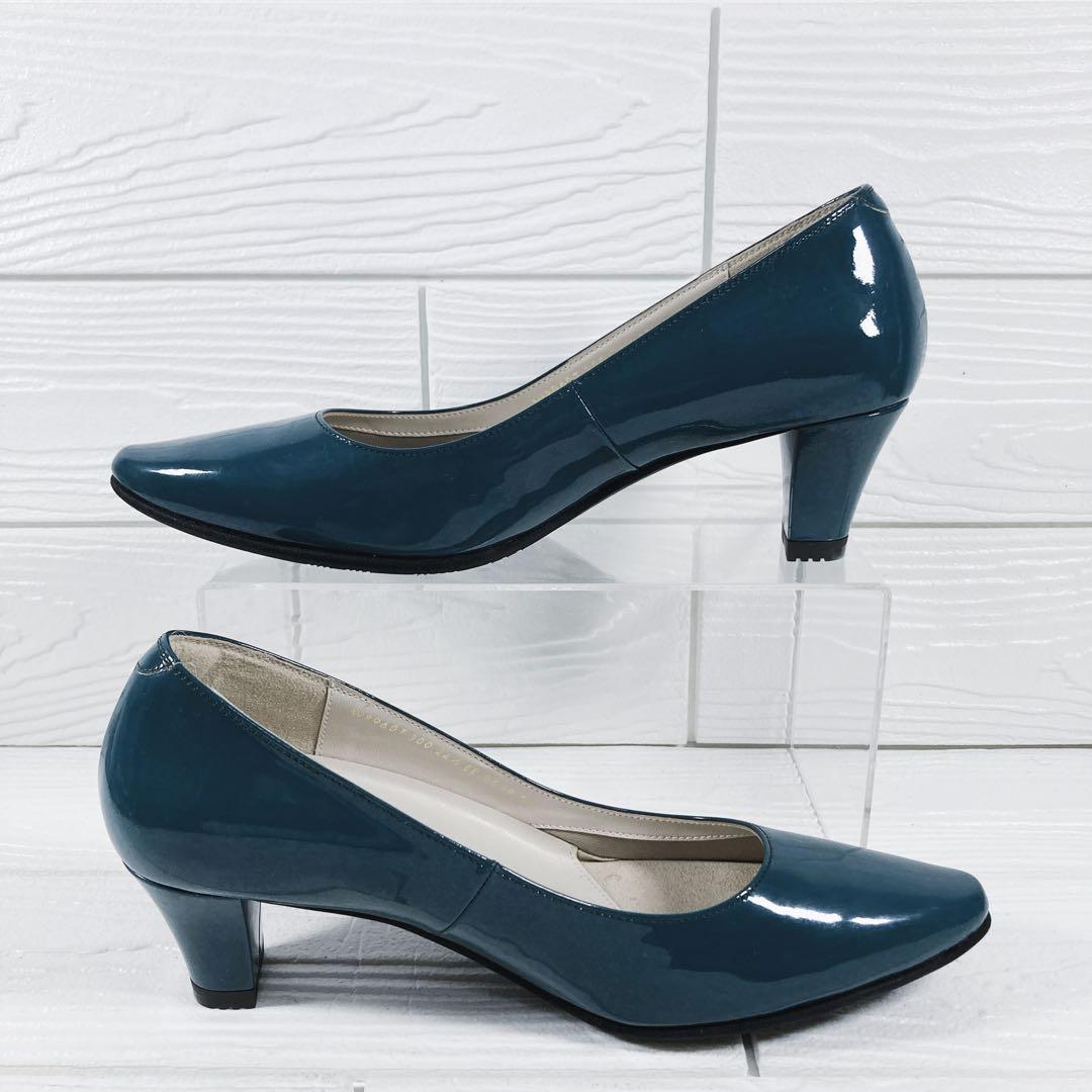 【美品】　ペダラ　アシックス　エナメル　パンプス　24.5㎝ グリーン　レザー