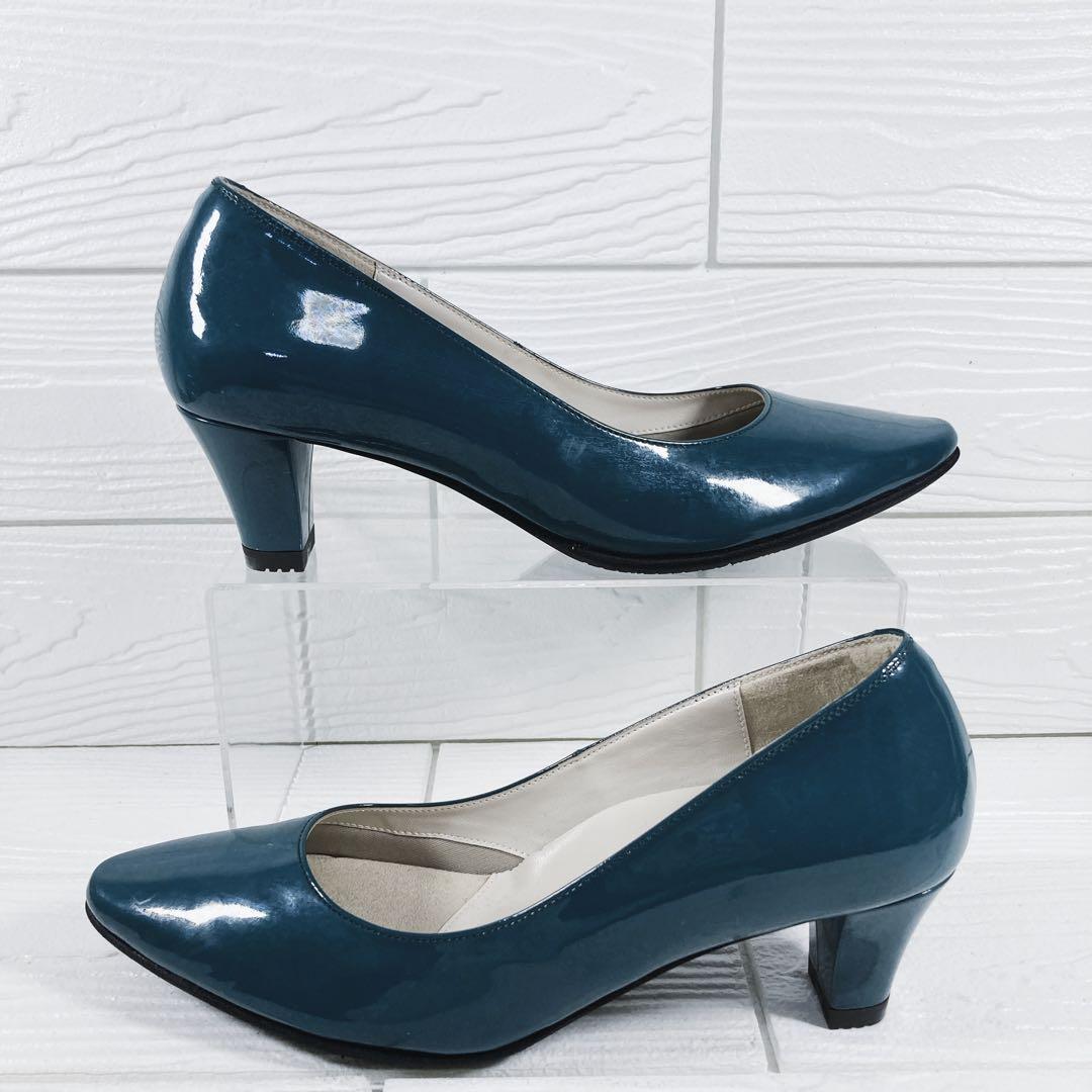 【美品】　ペダラ　アシックス　エナメル　パンプス　24.5㎝ グリーン　レザー