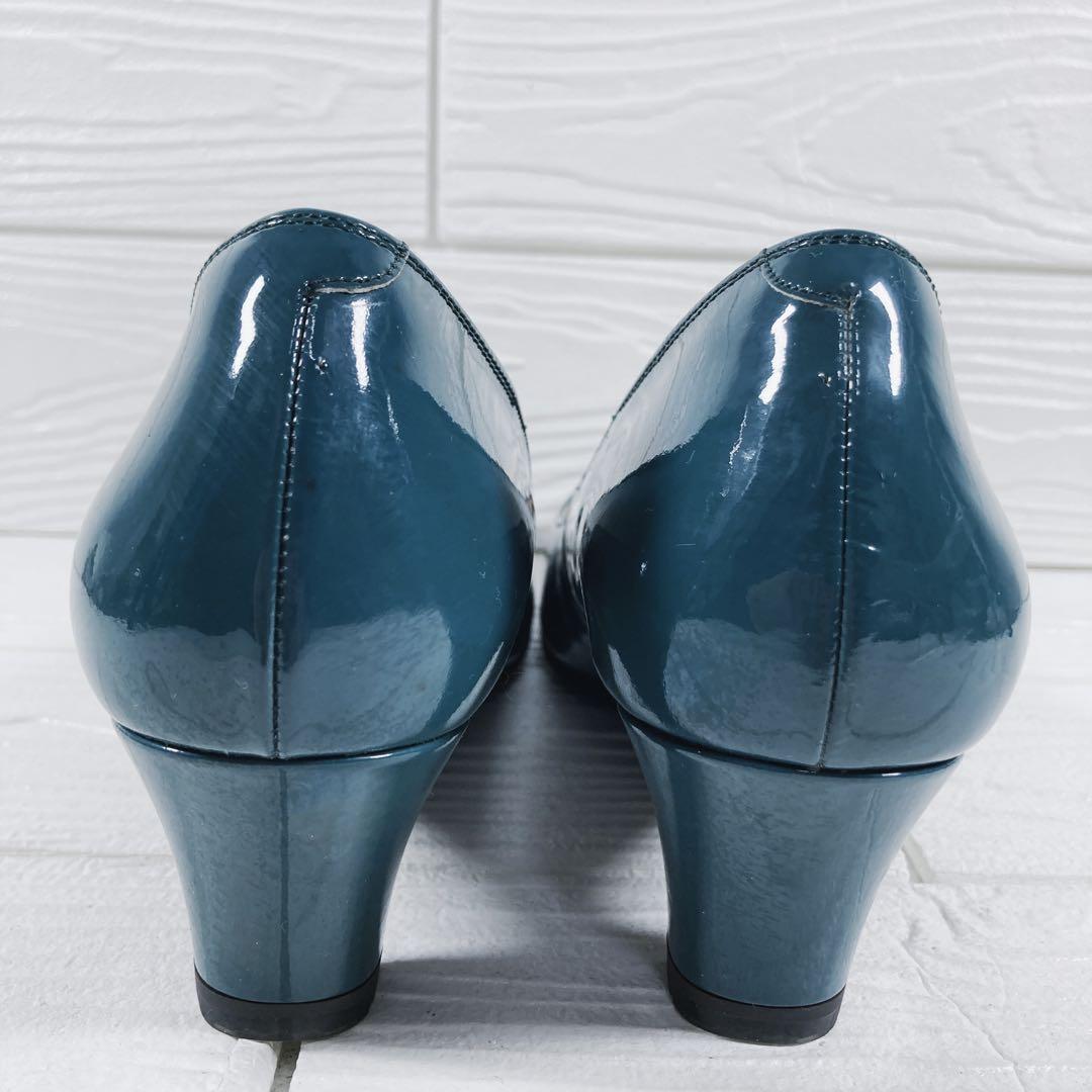 【美品】　ペダラ　アシックス　エナメル　パンプス　24.5㎝ グリーン　レザー