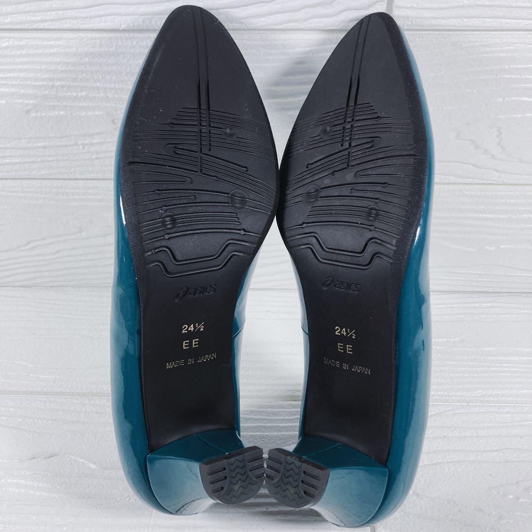 【美品】　ペダラ　アシックス　エナメル　パンプス　24.5㎝ グリーン　レザー