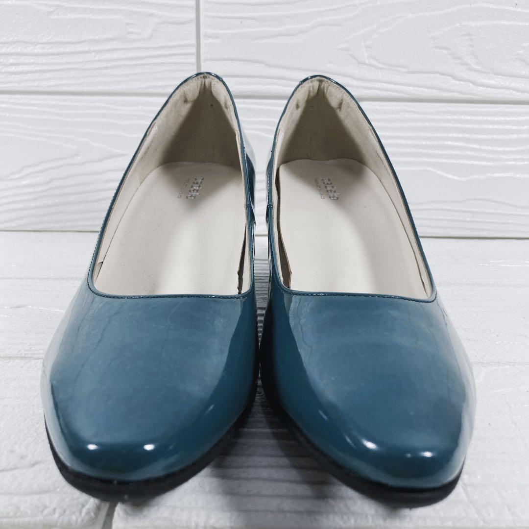 【美品】　ペダラ　アシックス　エナメル　パンプス　24.5㎝ グリーン　レザー