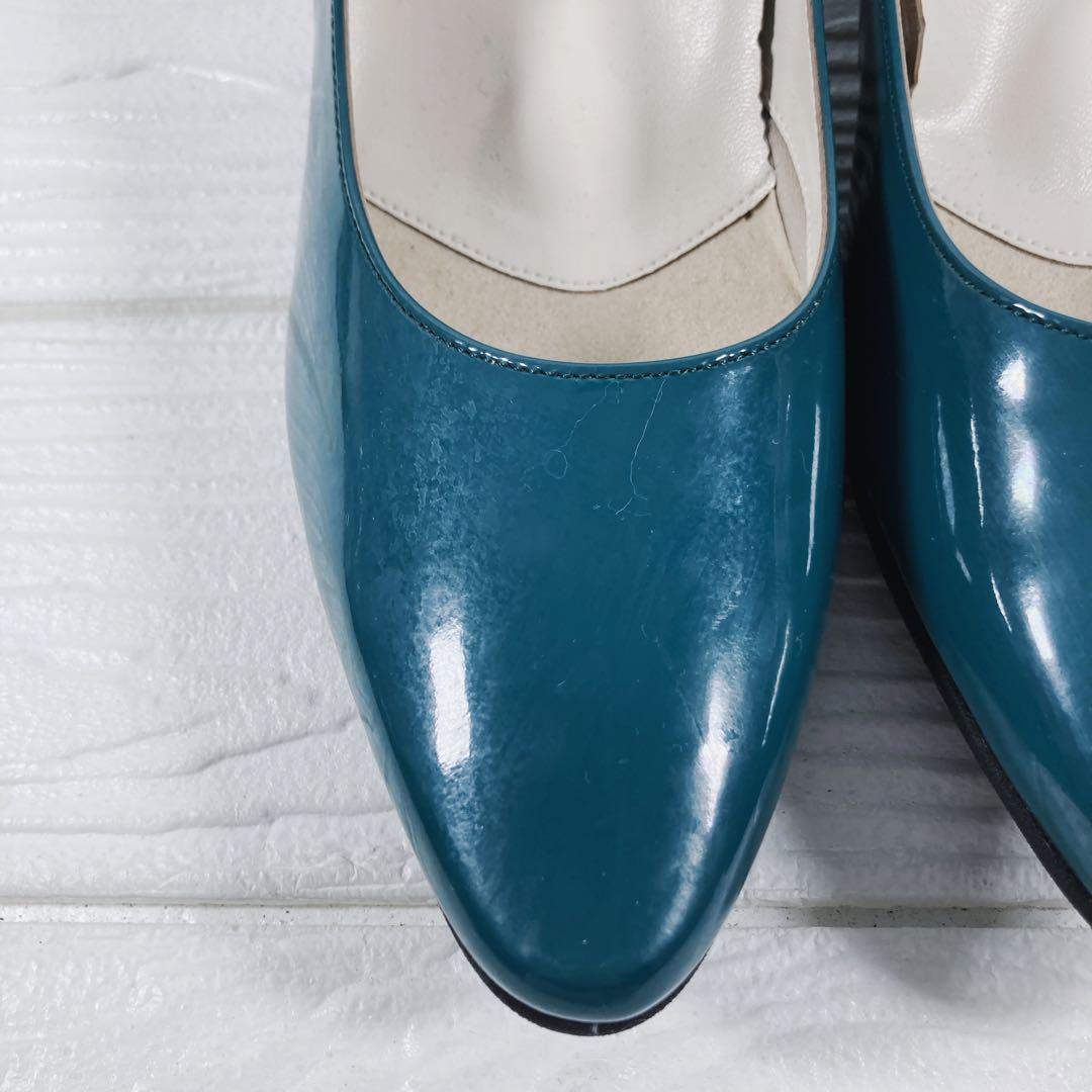 【美品】　ペダラ　アシックス　エナメル　パンプス　24.5㎝ グリーン　レザー