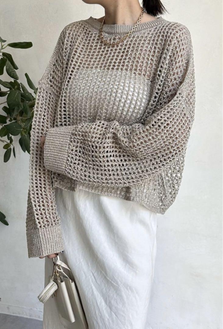 ⭐︎新品タグ付き⭐︎DOUDOU ショート丈 サマーニット ラメ メッシュ ゴールド