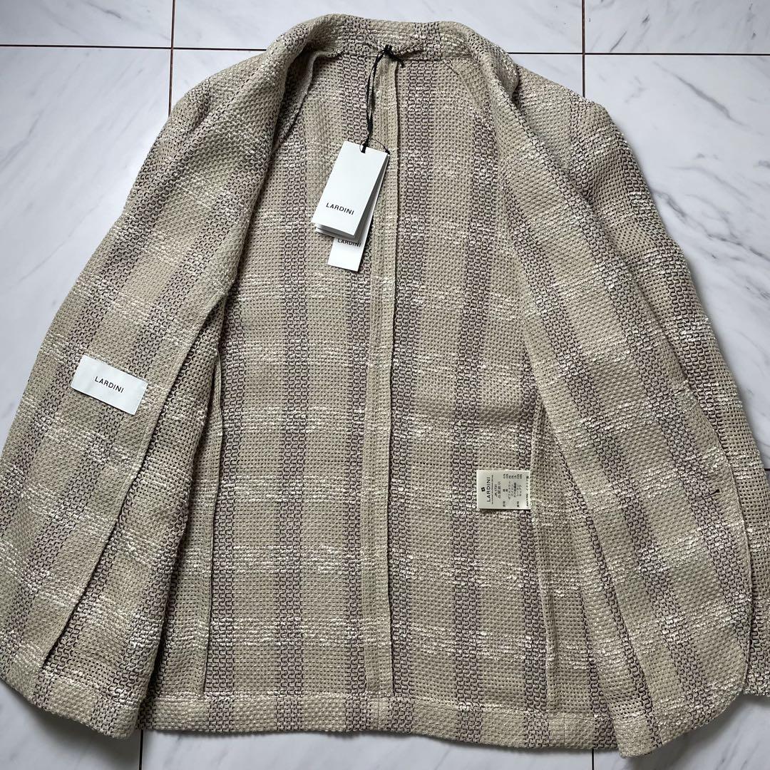 新品 最新 LARDINI 春夏テーラード リネン混 チェック グレージュ 50