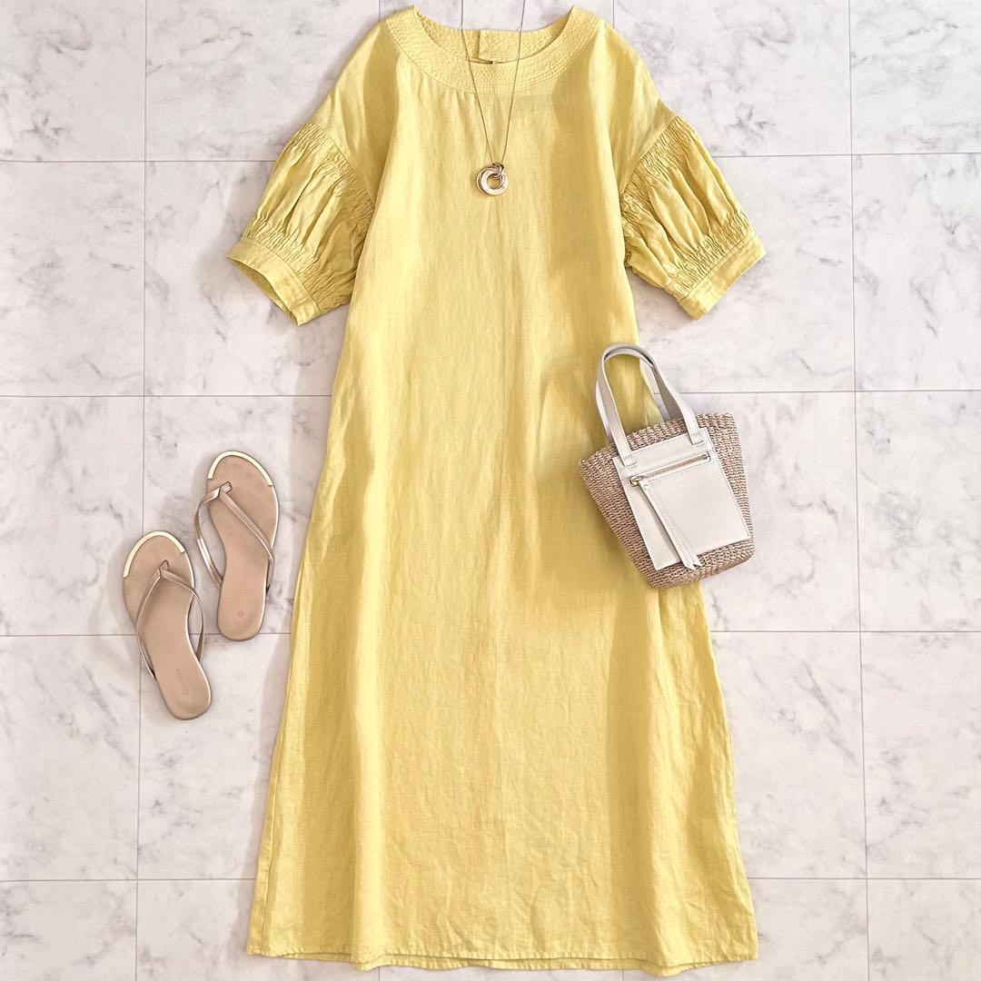 美品 シップス エニィ 麻100% オーガニック リネン ワンピース 黄 F