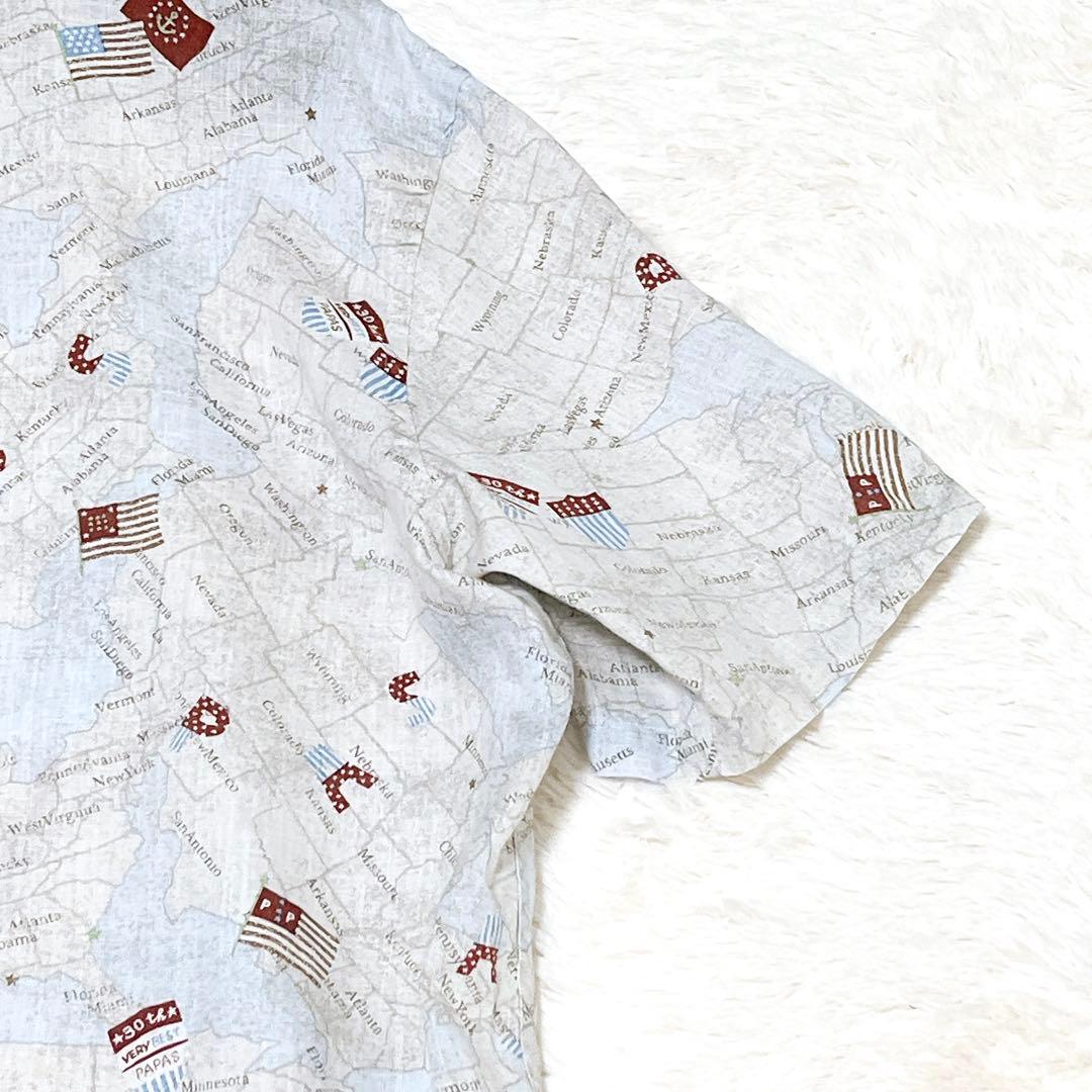 PAPAS ISLAND アロハシャツ リネン100 世界地図　総柄　グレー　L