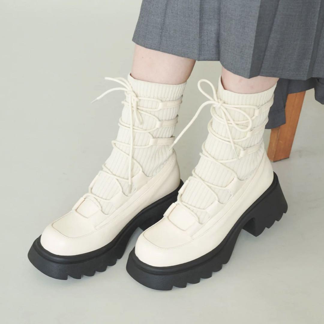☆即購入可☆ イデム リボン編み上げ厚底ブーツ アイボリー