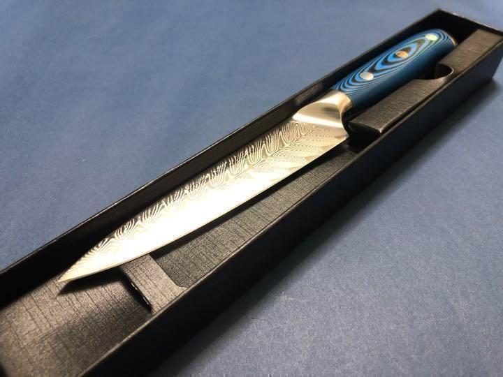 V金10号73層ダマスカスペティナイフ130mm ブルーマイカルタ柄