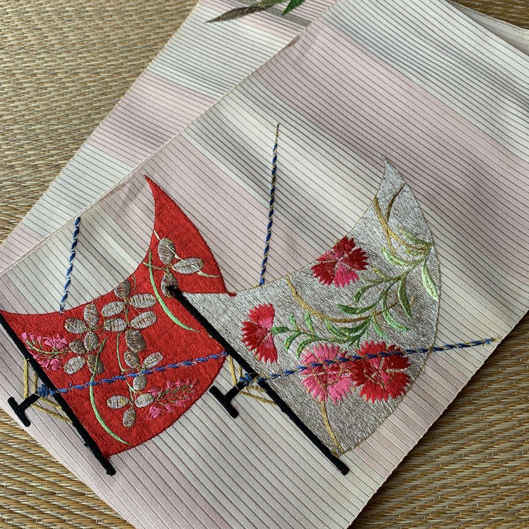 アンティーク 夏帯 絽 帯地 日本刺繍 撫子 萩 桔梗 リメイク