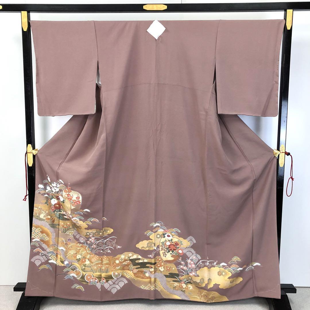 【正規品】 色留袖 花草模様 ふくよかサイズ 紅掛鼠色 縮緬 金駒刺繍 鴛鴦 着物・浴衣