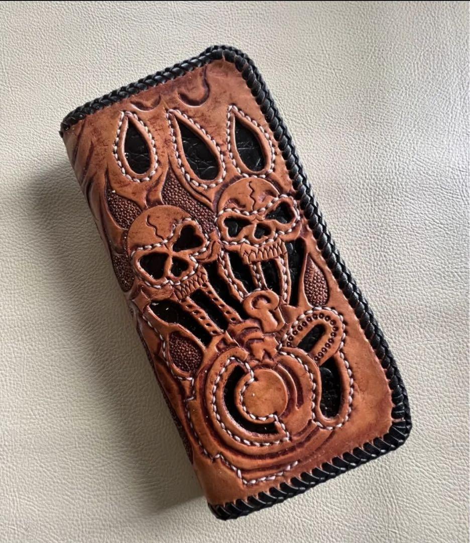 【期間限定】 本革 長財布 バイカーズウォレット カービング ハンドメイド 財布・ケース・小物入れ