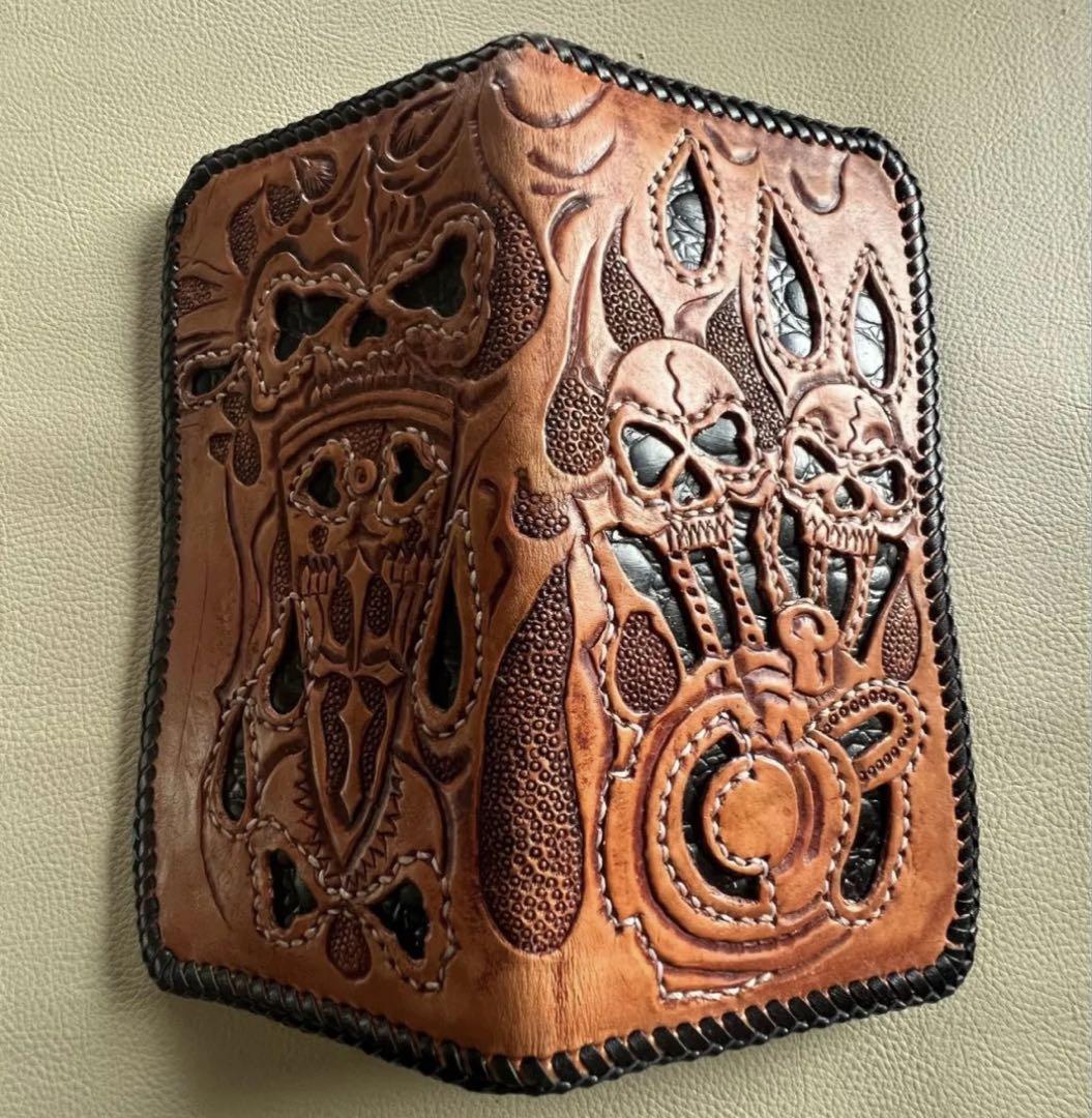 本革 長財布 ハンドメイド カービング バイカーズウォレット