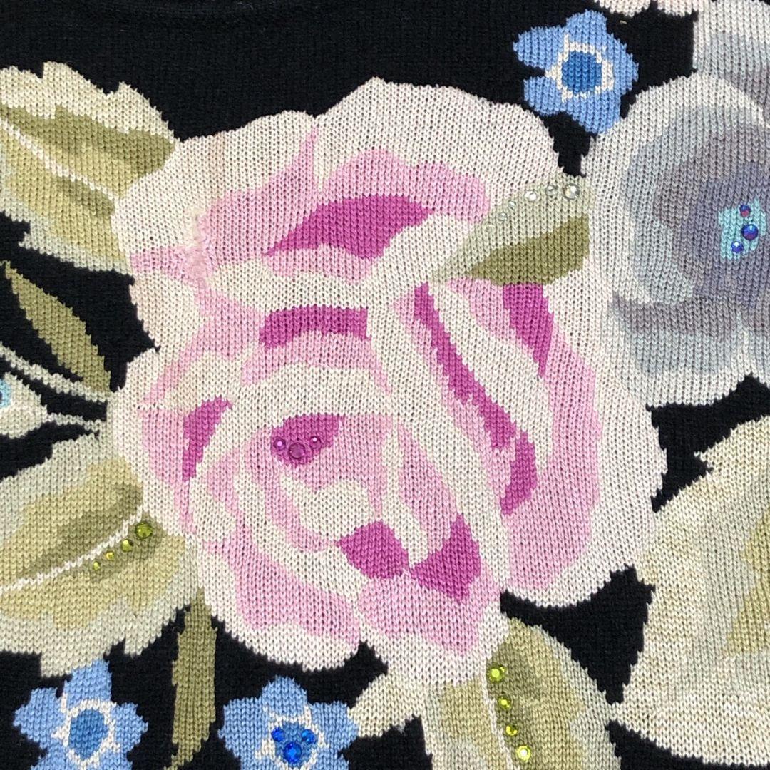 美品】レオナール カシミヤ×シルク 花柄 刺繍 黒 長袖 ニット