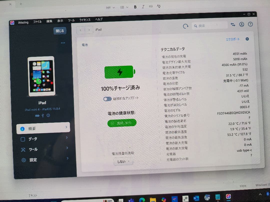 iPad mini4　128GB　バッテリー良好最大容量91%　Cellular