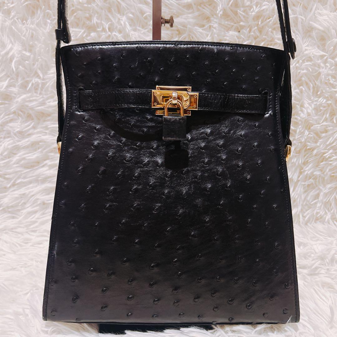 2way オーストリッチ　南京錠　ショルダーバッグ　肩がけ　斜めがけ　黒　レザー 2way オーストリッチ 南京錠 ショルダーバッグ 肩がけ 斜めがけ