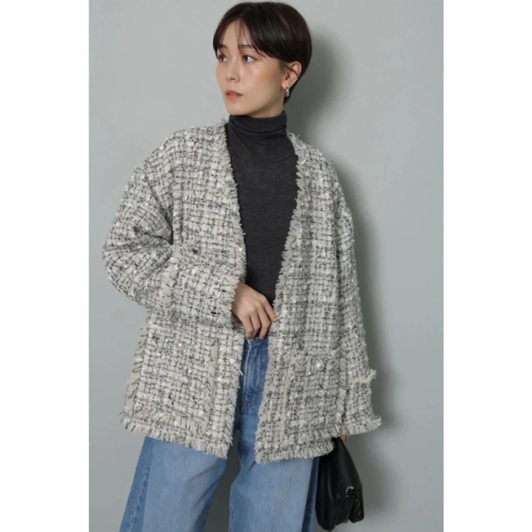 Arpege story 中綿入りツイードジャコット 新品タグ付♪ArpegeStory 中綿入りツイードジャコット ライトグレー 白