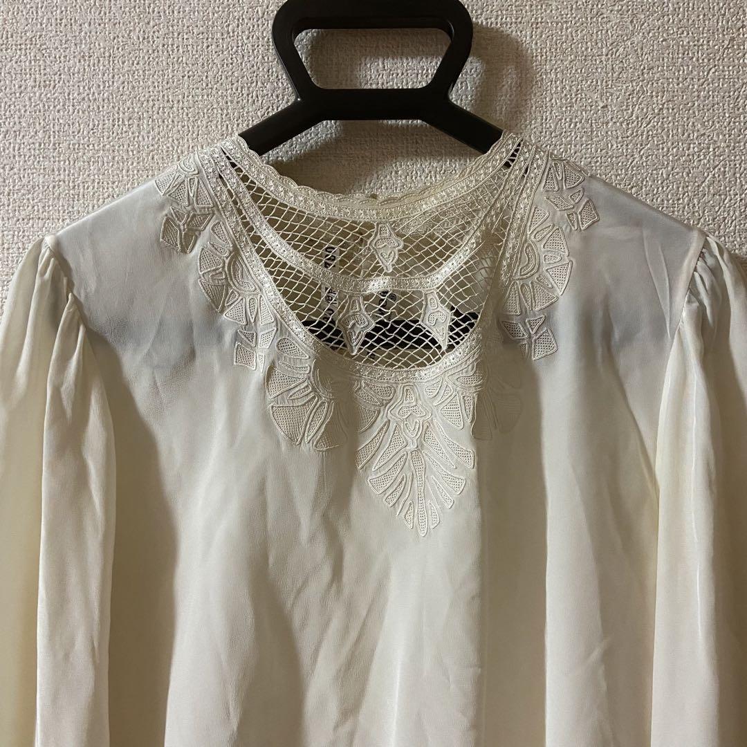 HANAE MORI/シルク刺繍ブラウス/ヴィンテージ/キナリ/絹100%/9号