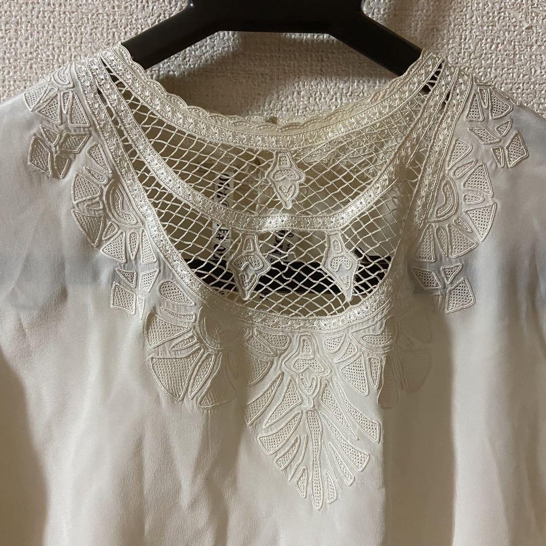 HANAE MORI/シルク刺繍ブラウス/ヴィンテージ/キナリ/絹100%/9号