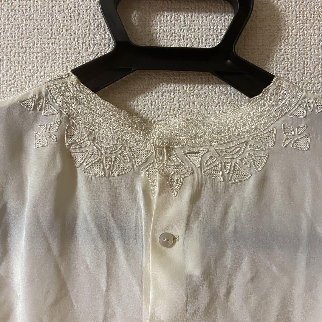 HANAE MORI/シルク刺繍ブラウス/ヴィンテージ/キナリ/絹100%/9号