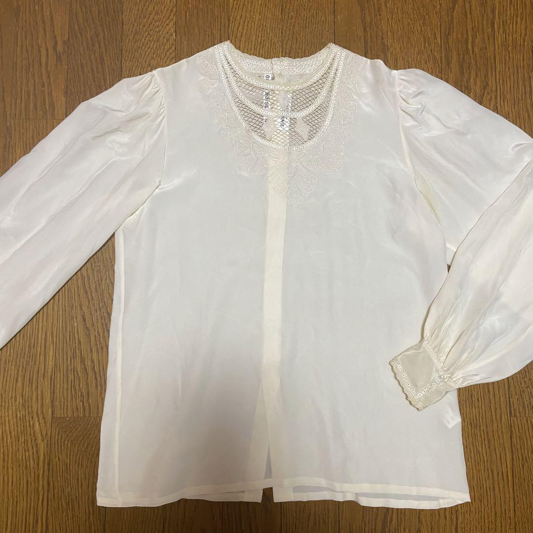 HANAE MORI/シルク刺繍ブラウス/ヴィンテージ/キナリ/絹100%/9号