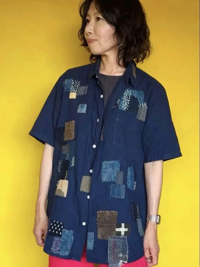 ⚫️早割り⚫️古布刺し子ネイビー パッチワークリメイクシャツLLサイズ