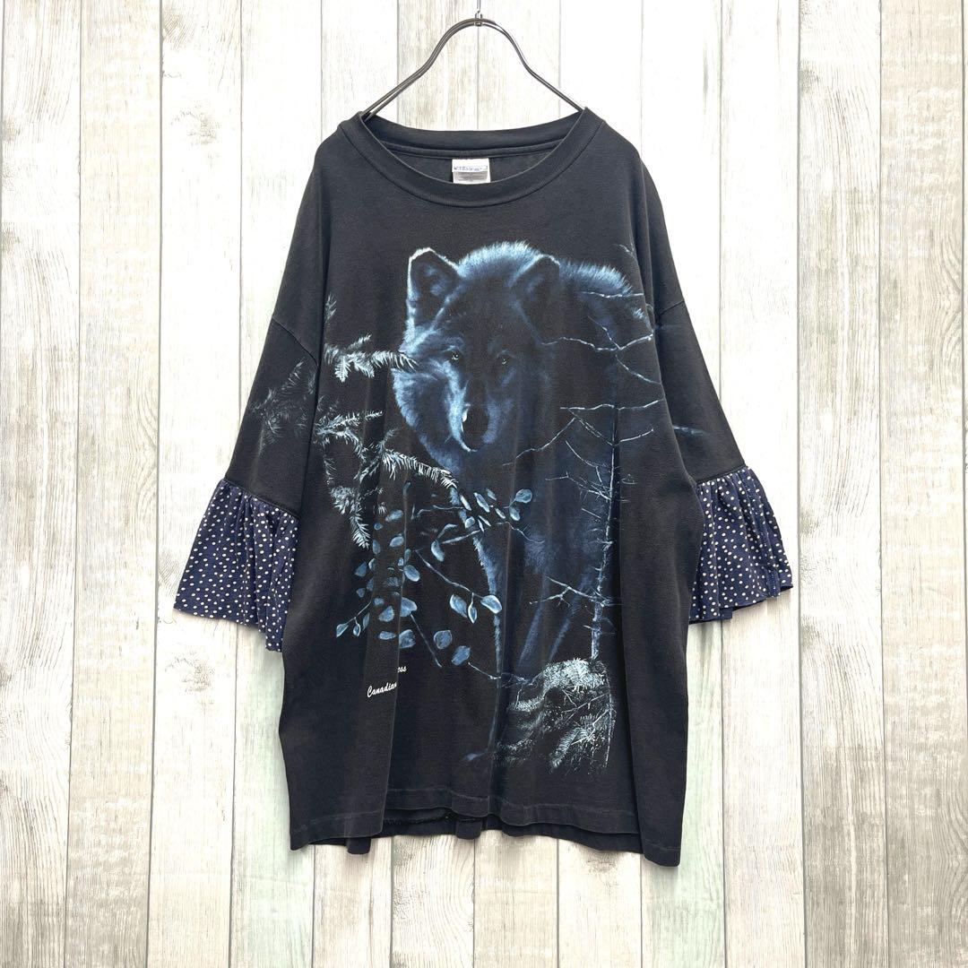 古着　アニマル　ウルフ　tシャツ 袖　フレアー　フリル　リメイク　US古着