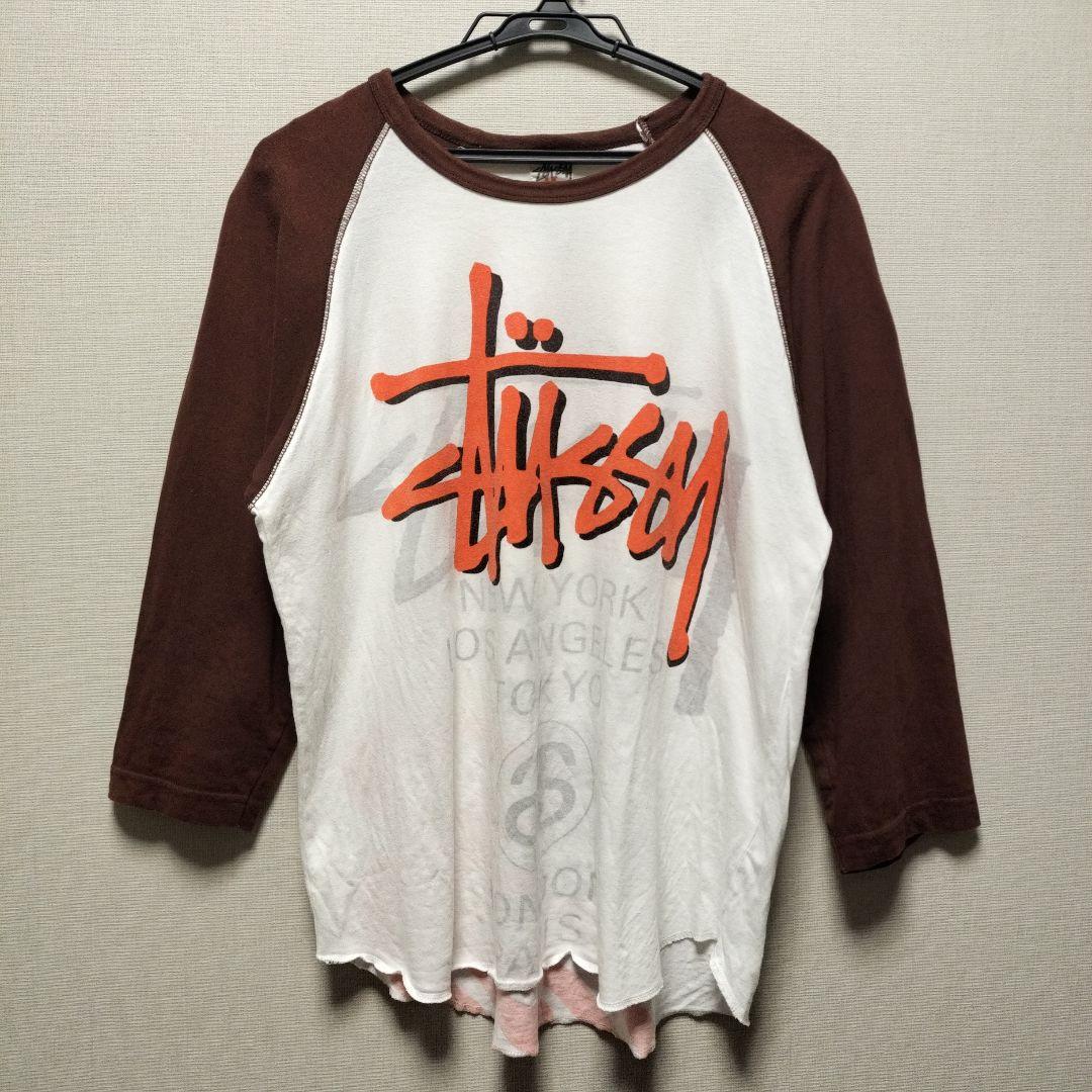 オールドStussy 00’s ワールドツアー　ラグランT 白×ブラウン　M