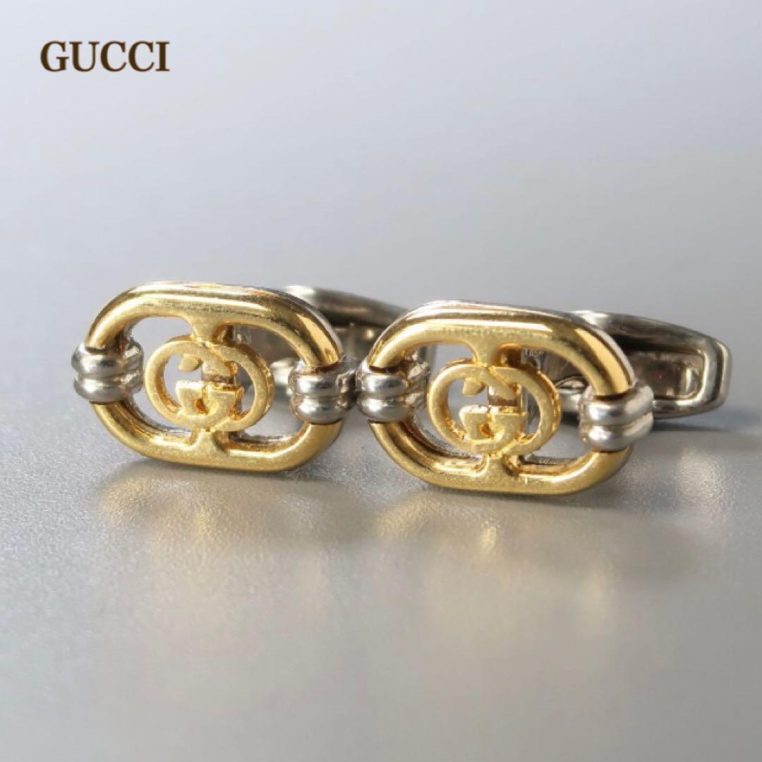 美品！　GUCCI　グッチ オールド　 カフスボタン　天然石　ゴールド　金 希少】オールドグッチ GGロゴ カフス ヴィンテージ ゴールド