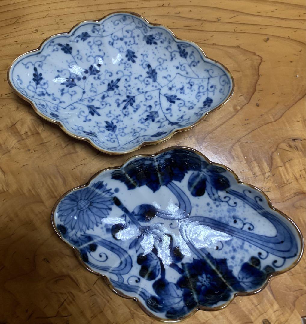 【未使用品】有田焼　福泉窯　菱形菊割向付　花唐草と流水花セット