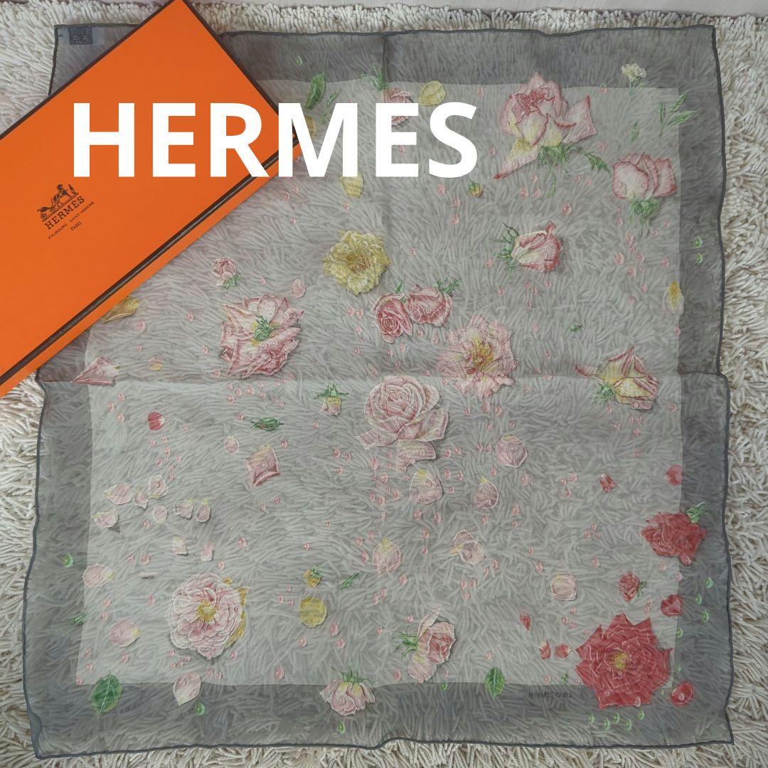 新品 未使用級 HERMES エルメス バラ 薔薇 花柄 ハンカチ シルク